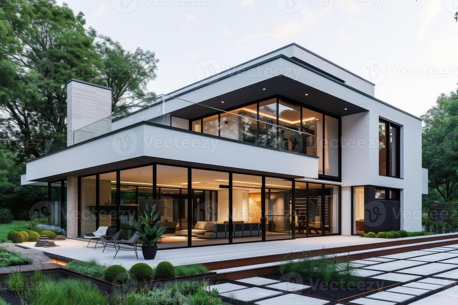 AI generated A modern minimalist house in a quiet suburban neighborhood photo