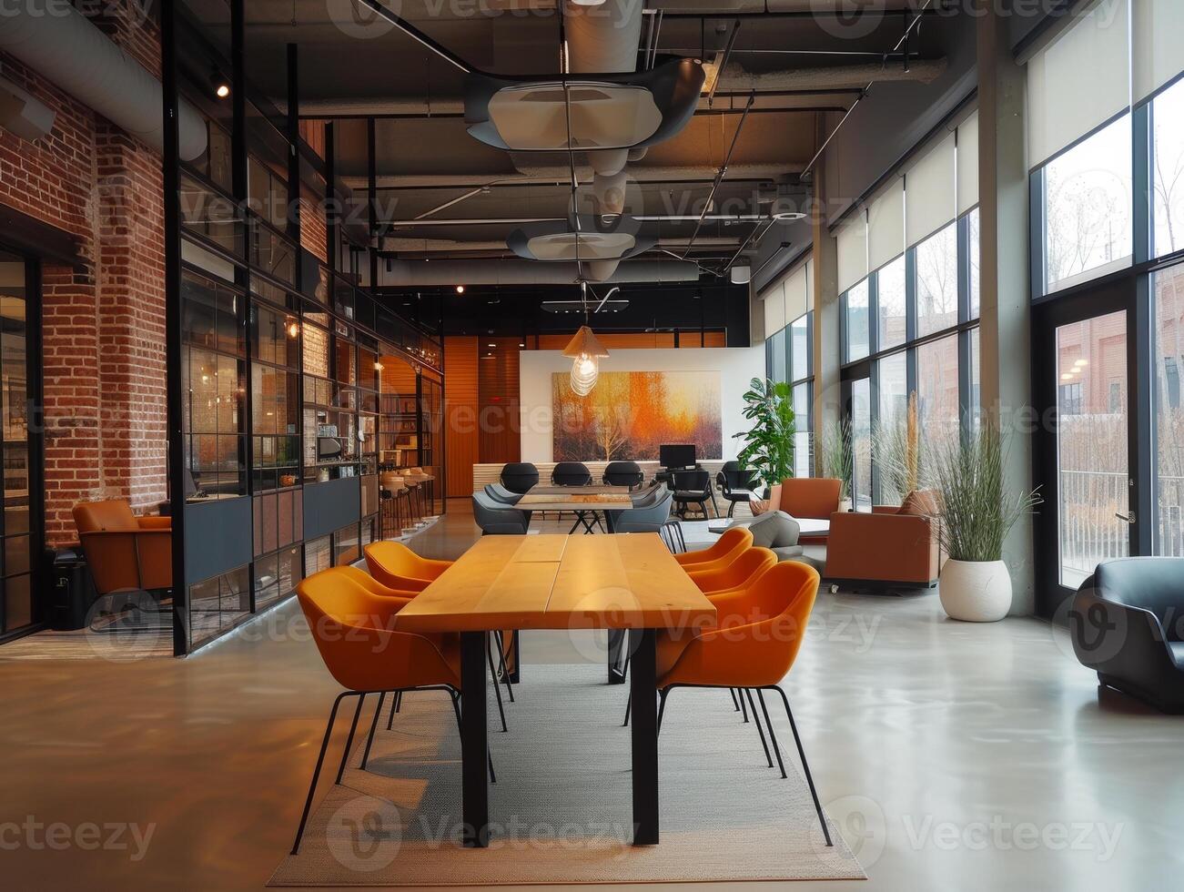 AI generated A modern co-working space, with communal tables, cozy nooks, and vibrant decor photo