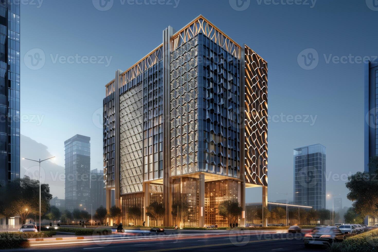 AI generated A modern office tower in the heart of the city photo