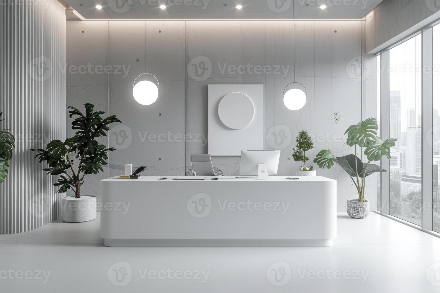 AI generated A minimalist aesthetic office featuring a white-on-white color scheme photo