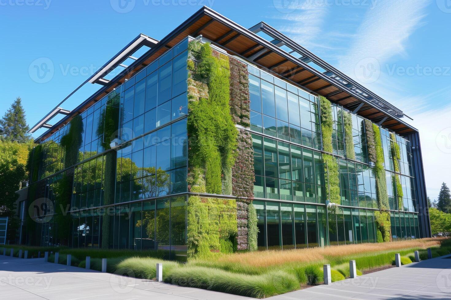 ai generado un verde urbano oficina edificio con avanzado agua conservación medidas foto