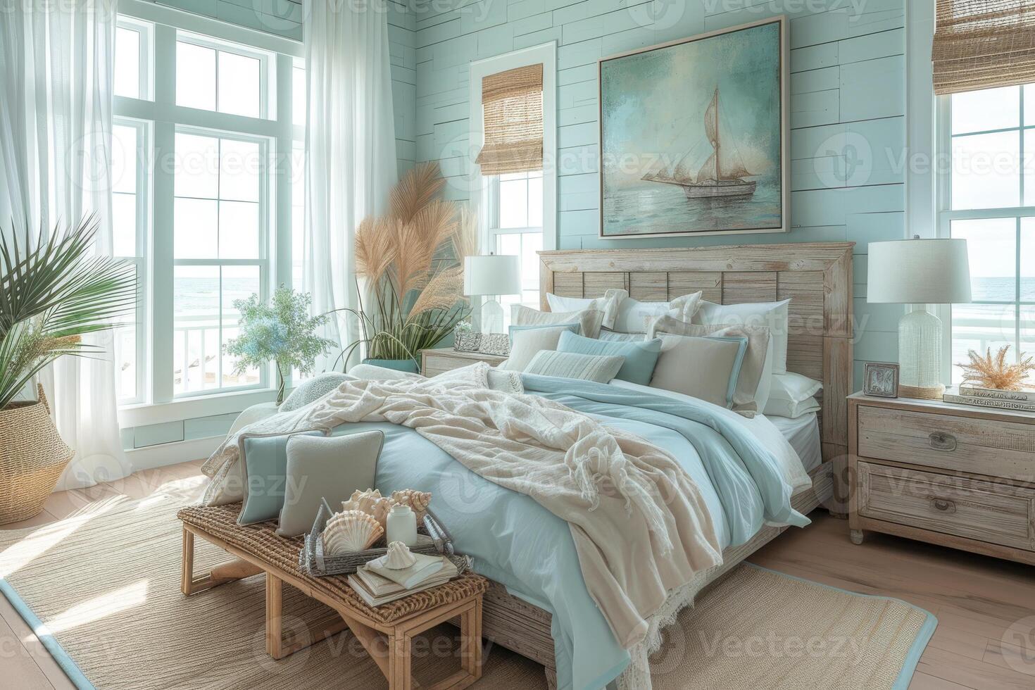 AI generated A coastal-inspired bedroom sanctuary, complete with coastal-themed decor accents photo