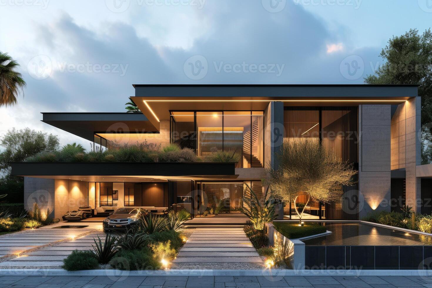AI generated A modern exterior house against a backdrop of soft black photo