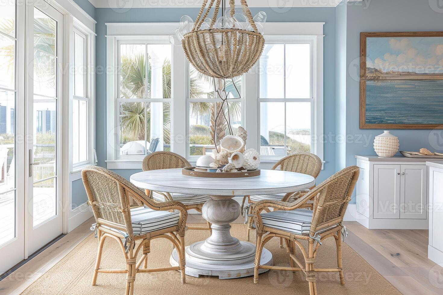 AI generated A tranquil coastal-style dining room with a whitewashed pedestal table photo