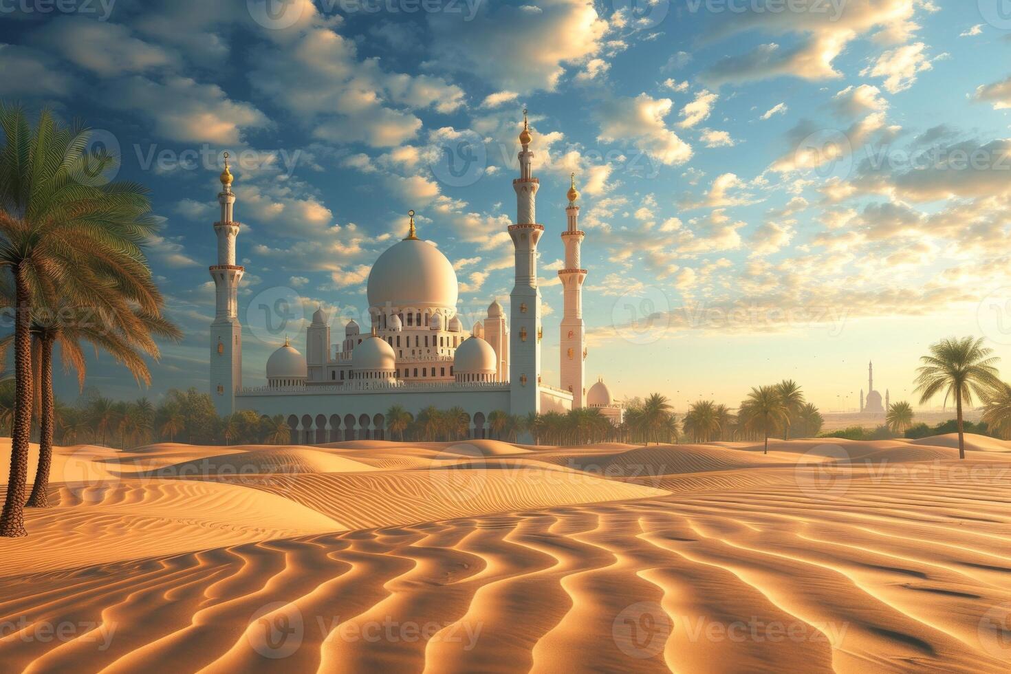 A desert landscape with a large white mosque building in the background photo
