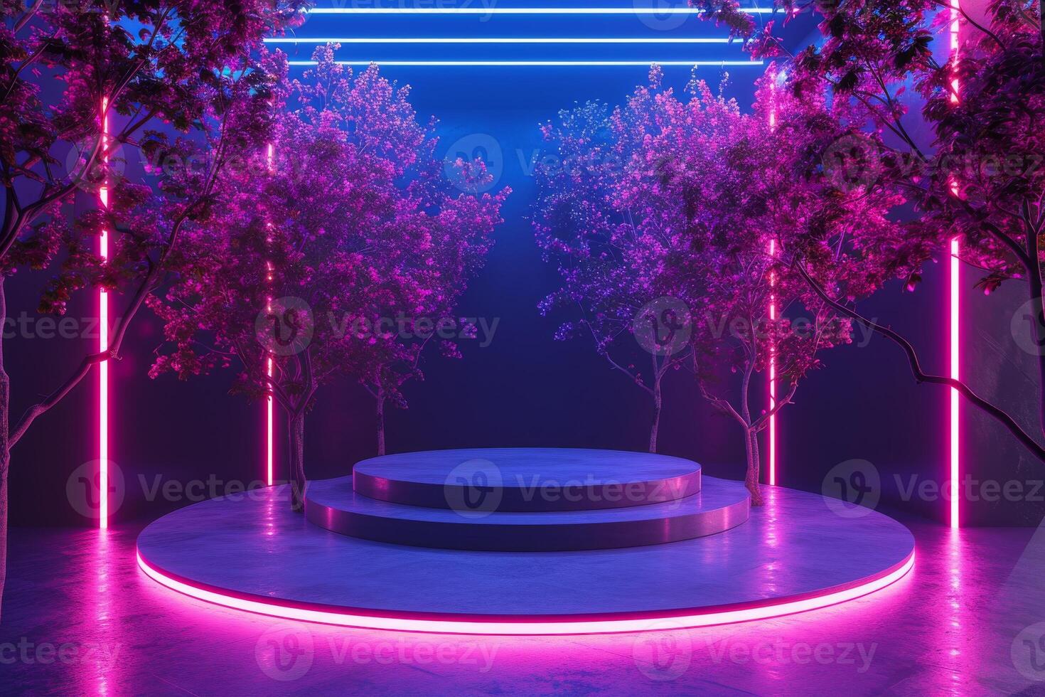 AI generated A podium featuring neon trees that pulse and shimmer with energy photo