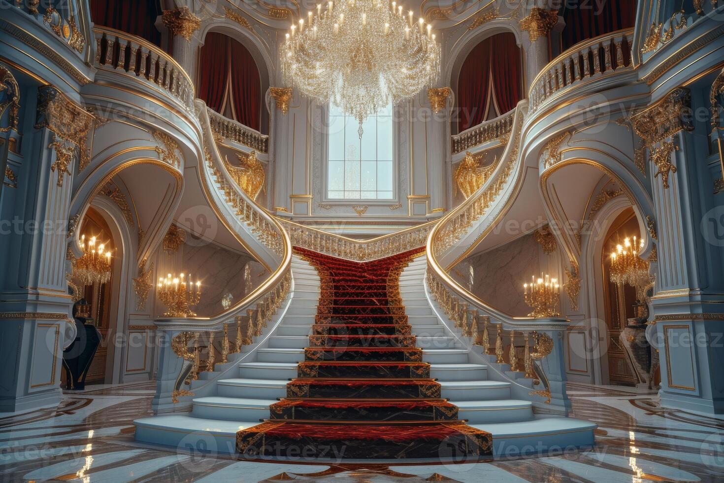 AI generated A luxury castle interior featuring a spiral staircase wrapped in luxurious velvet photo