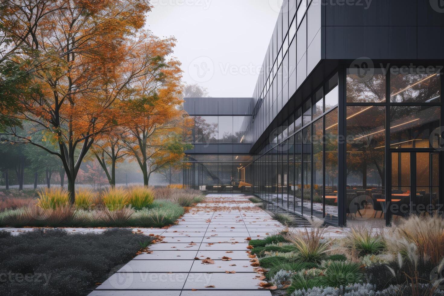 AI generated A minimalist office building exterior with emphasis on natural light, spacious atriums photo