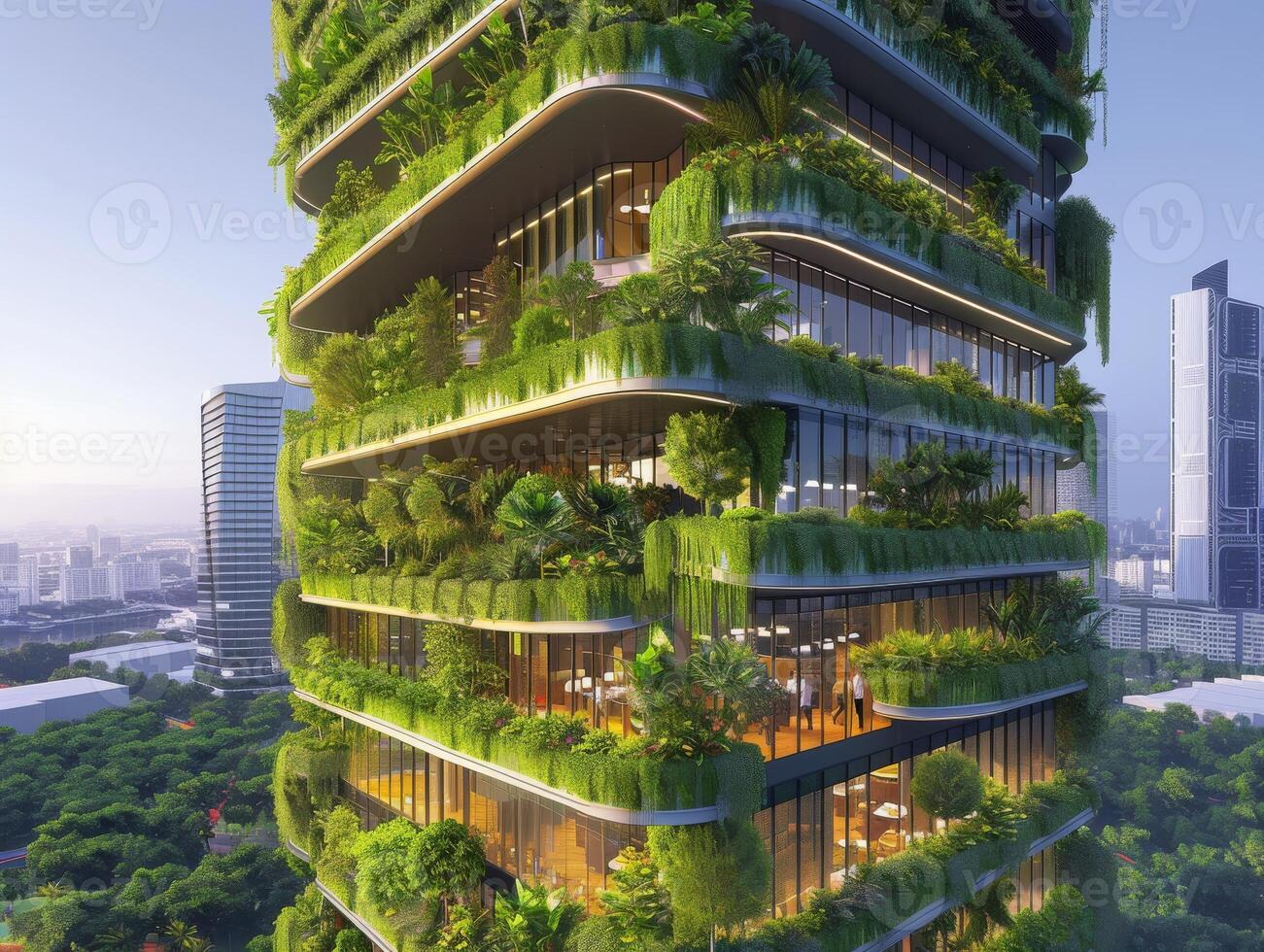 ai generado un oficina torre rodeado por lozano verdor y vertical jardines, con cascada agua caracteristicas foto