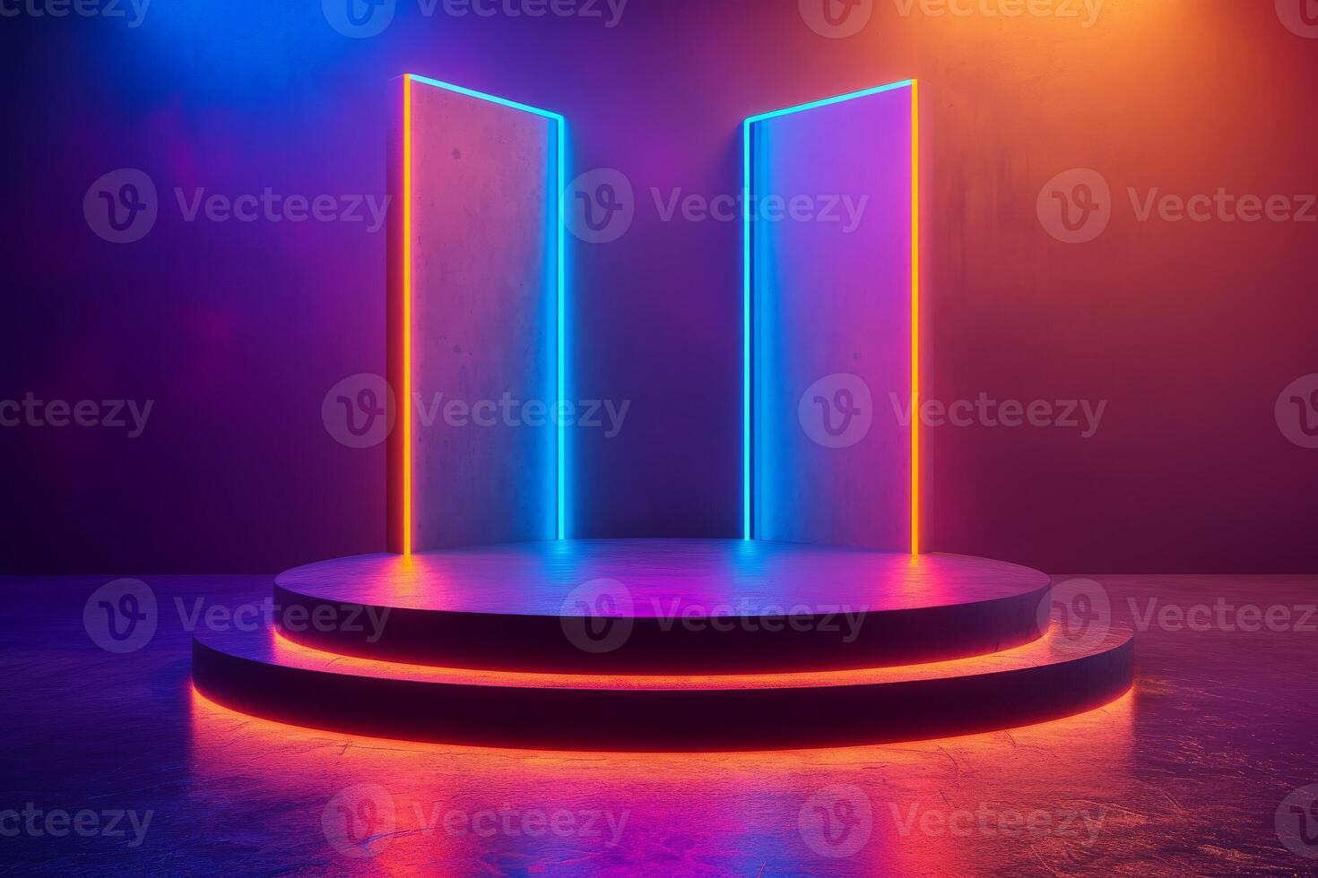 AI generated A minimalist podium characterized by its neon glow photo
