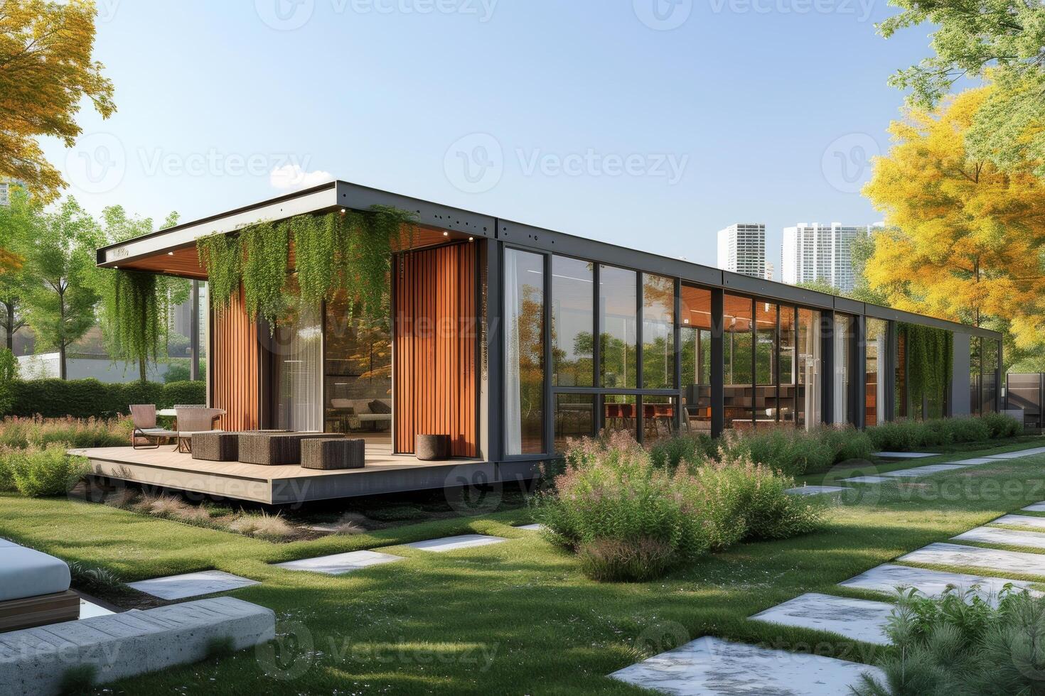 AI generated A modular sustainable home exterior photo