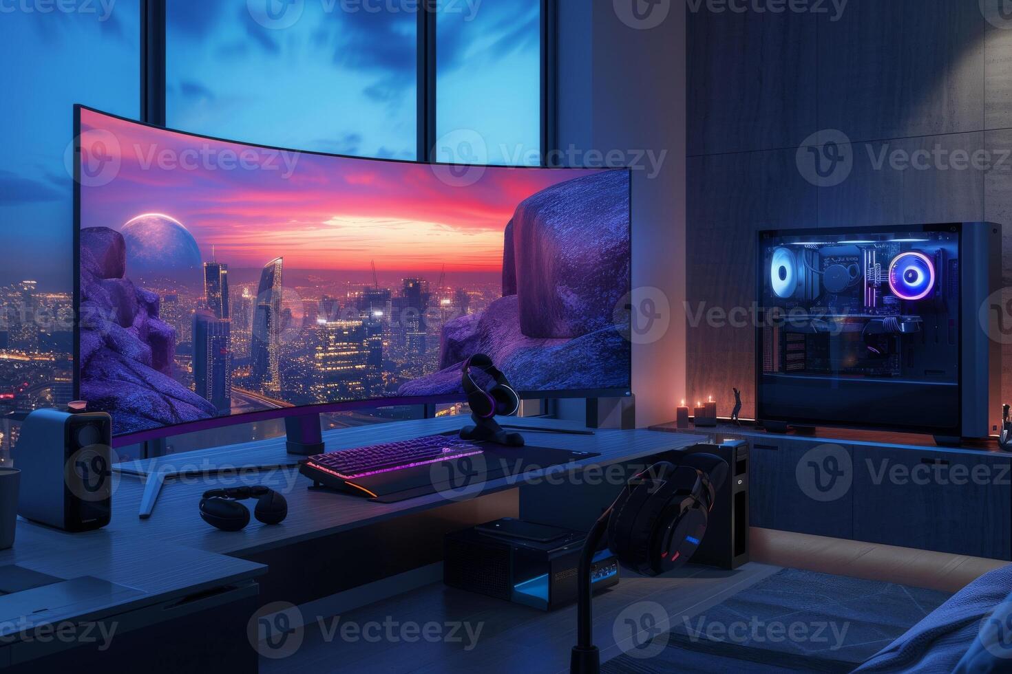 AI generated A modern PC setup with a curved gaming monitor photo