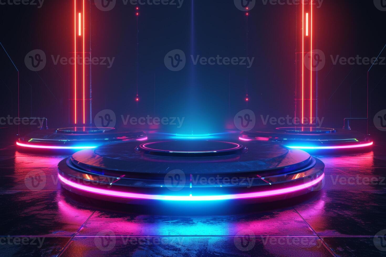 AI generated A podium with vibrant neon lights photo