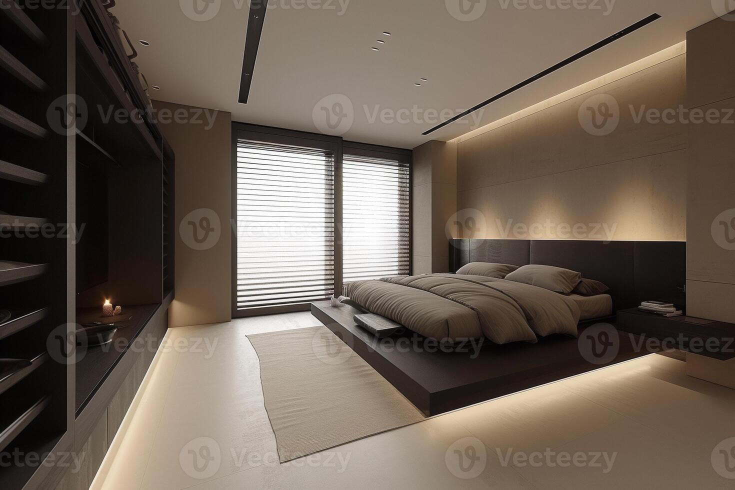 AI generated A minimalist bedroom with a monochromatic color scheme photo