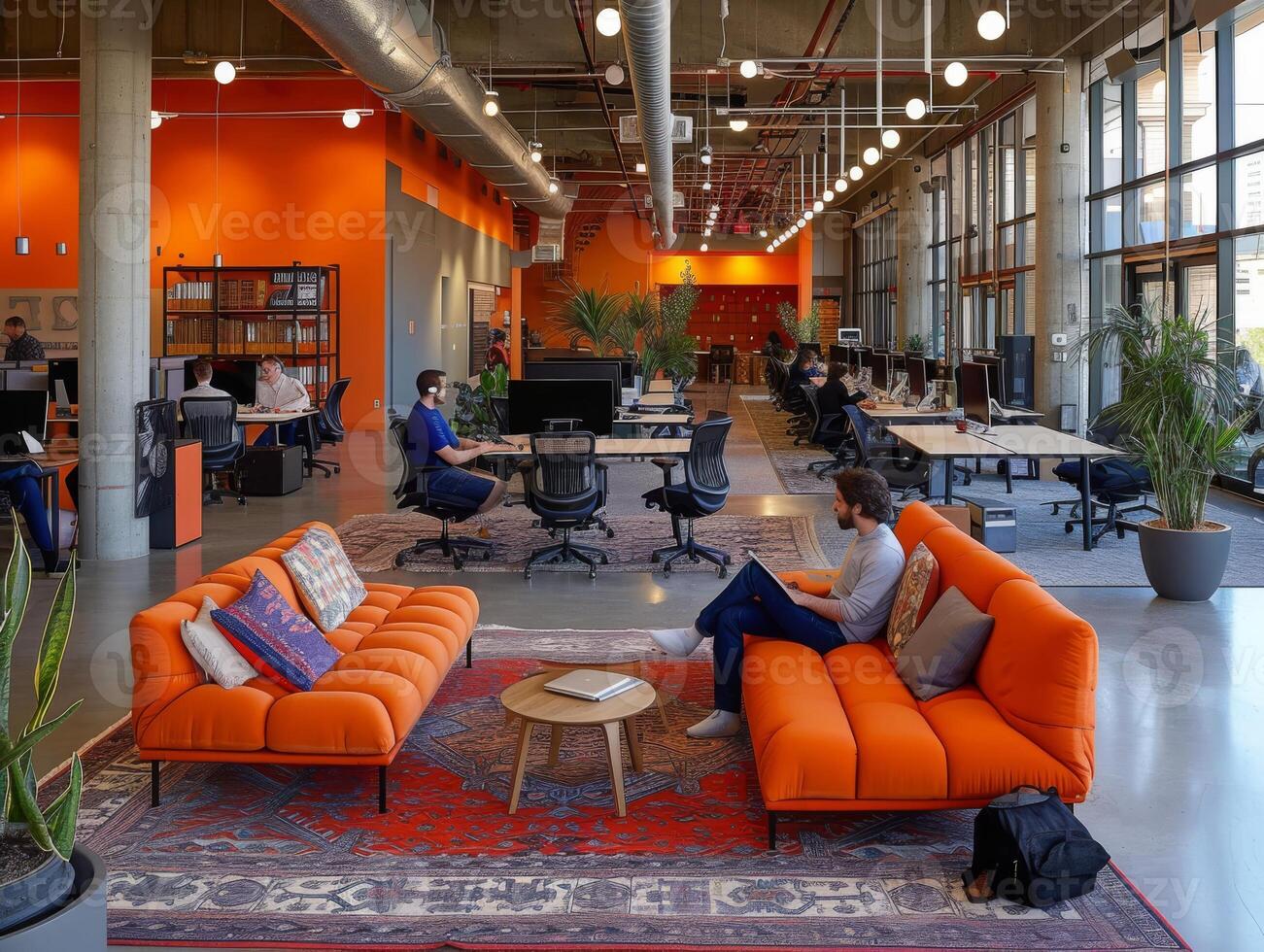 AI generated An office environment characterized by a dynamic co-working space, with flexible layouts photo