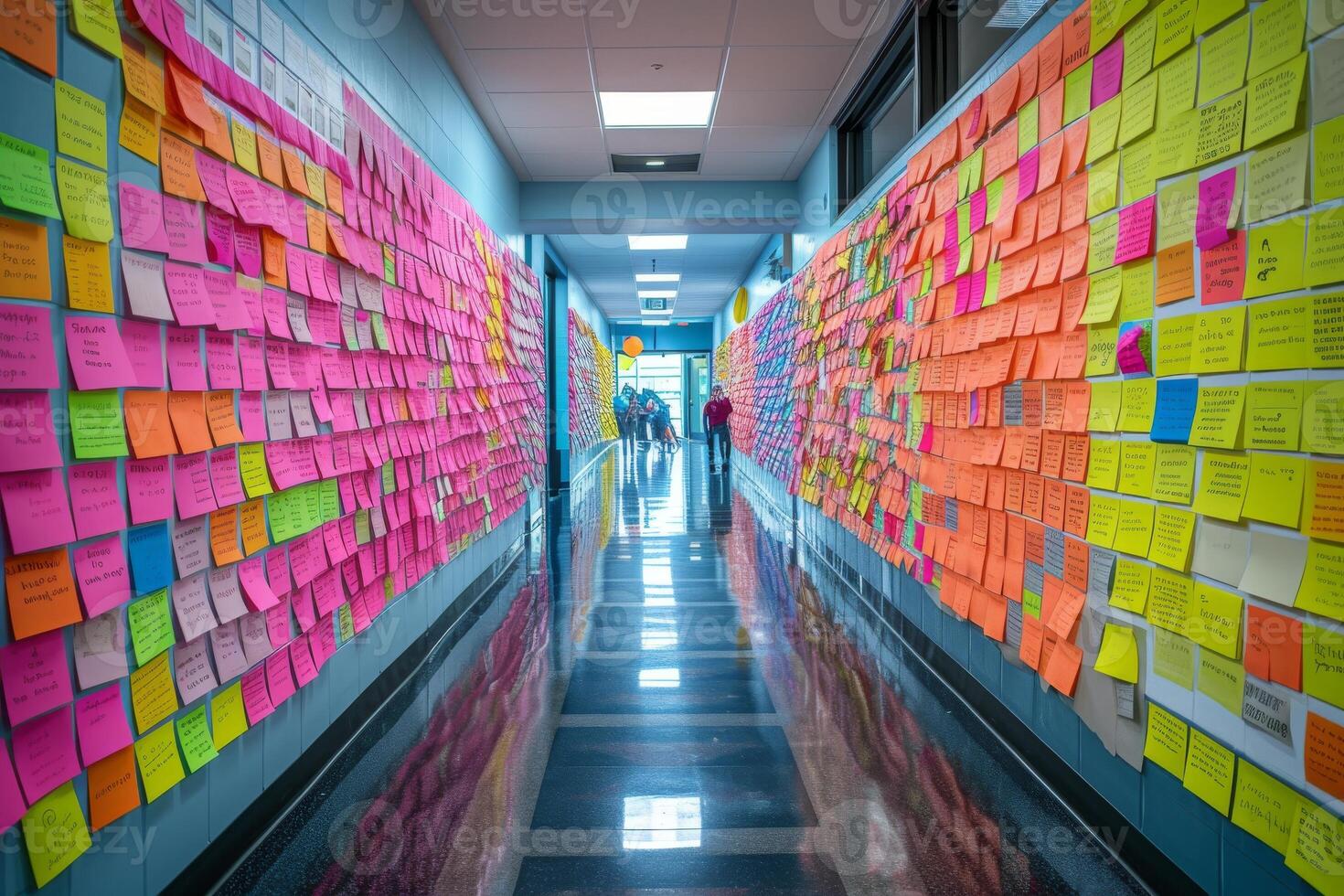 AI generated A school hallway adorned with messages of kindness and positivity photo