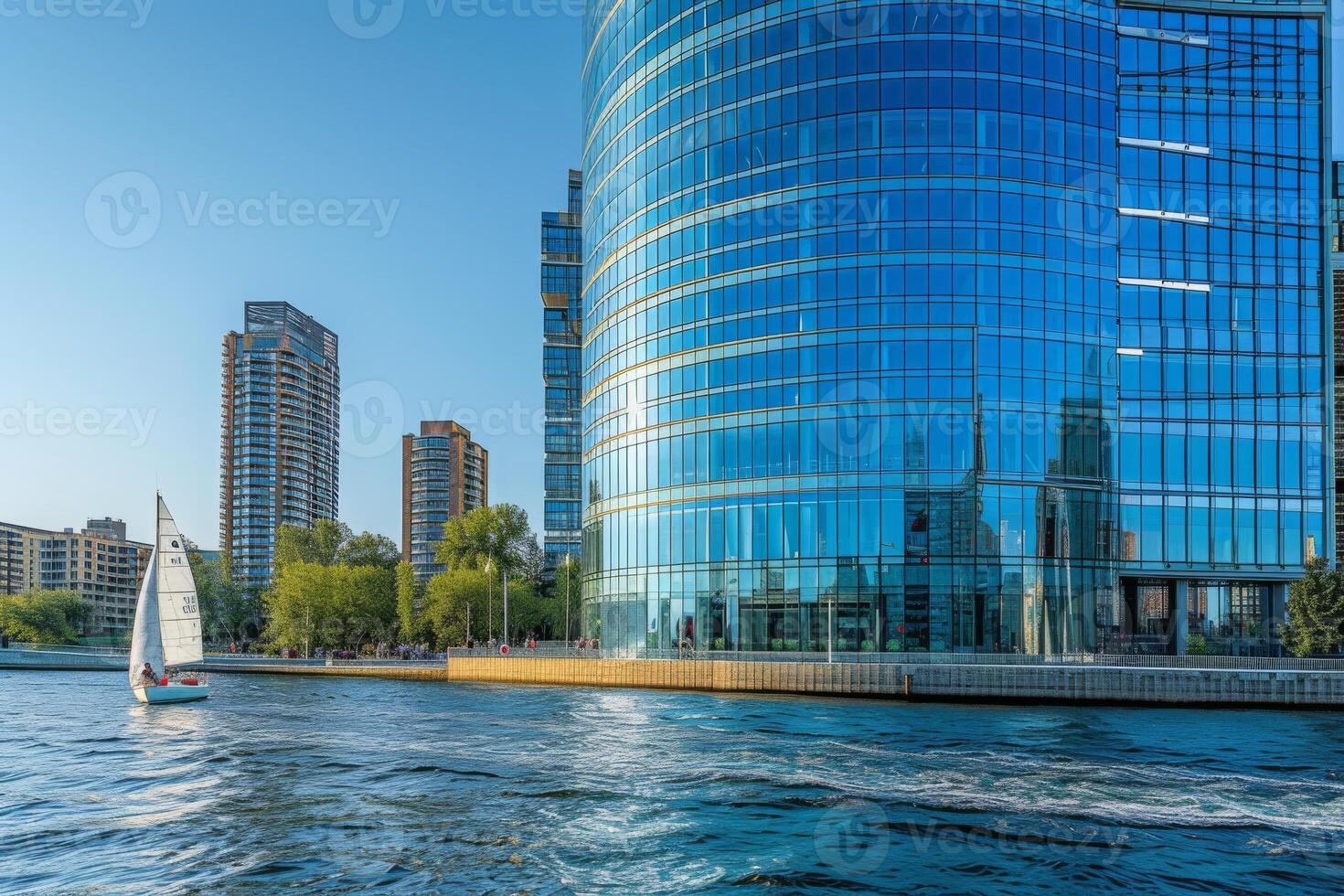 ai generado el azul vaso oficina torre soportes alto en medio de un mar de verdor foto