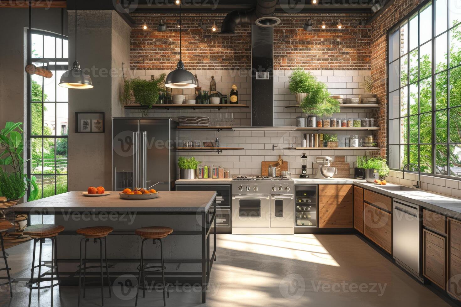 AI generated A industrial-style kitchen, complete with stainless steel appliances photo