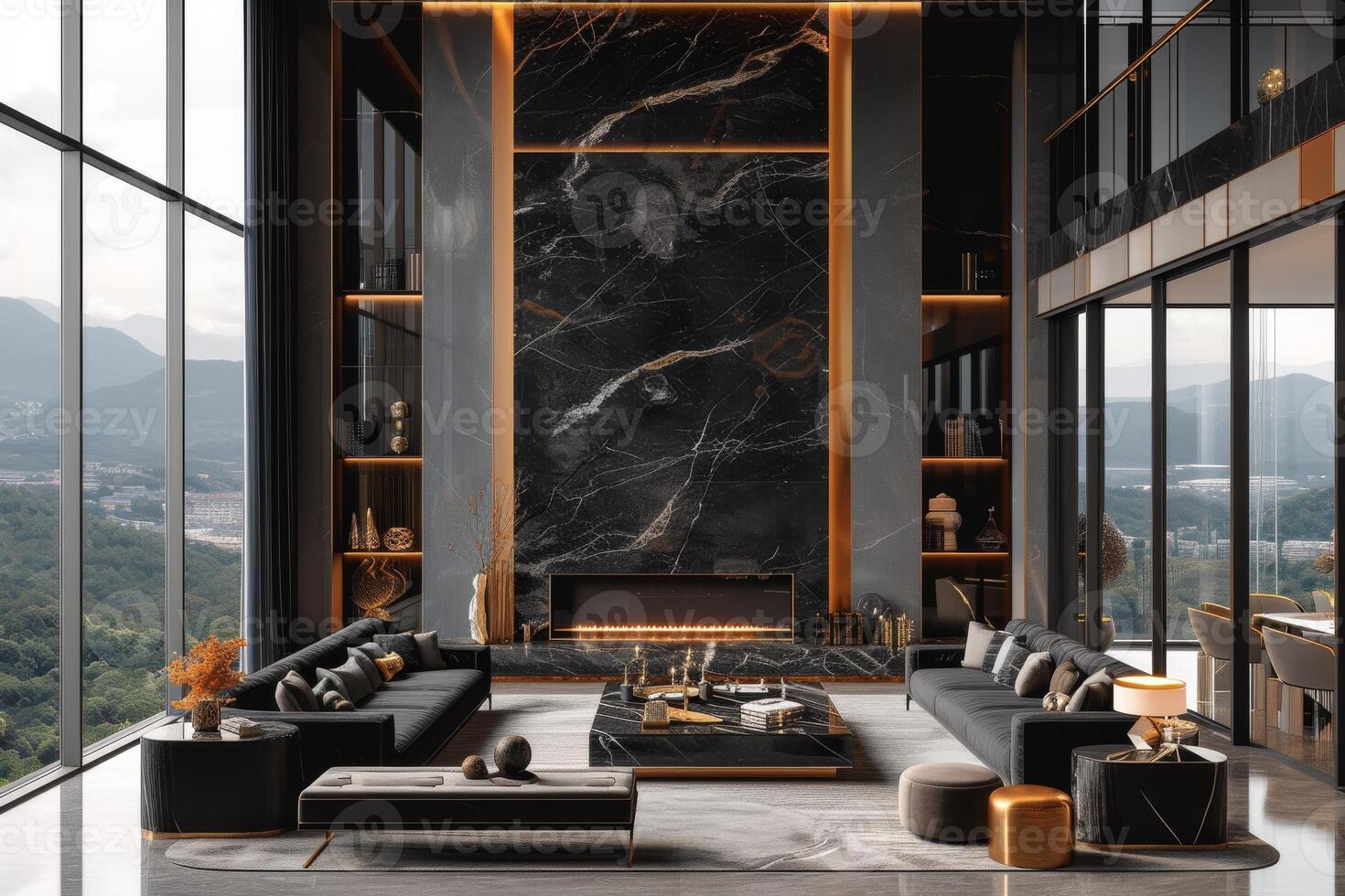 AI generated A luxurious living room design, featuring elegant black color palettes photo