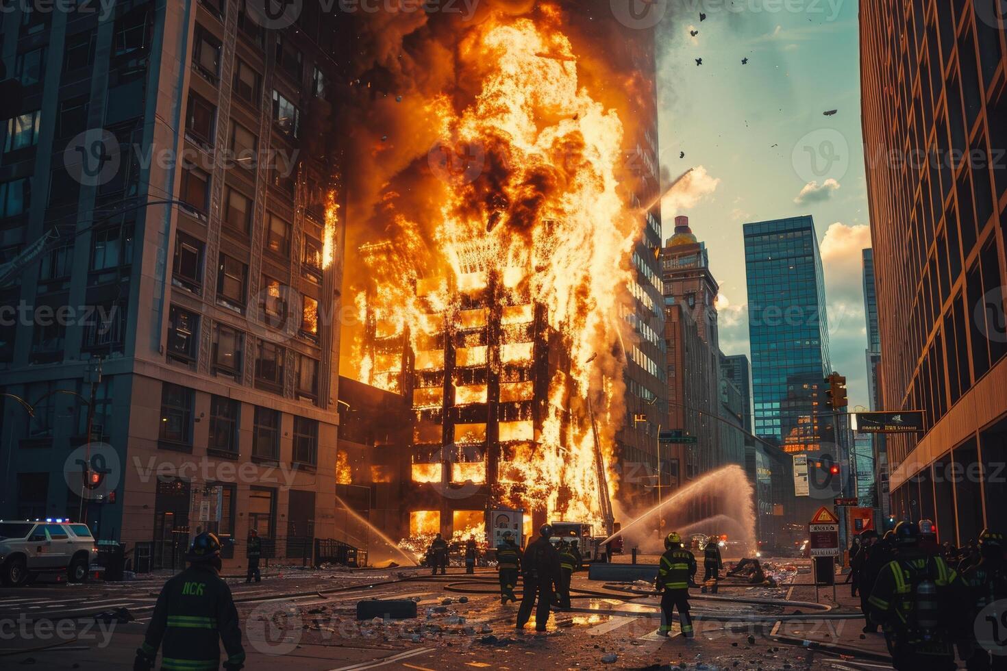 AI generated An insurance company's offices erupt in flames photo