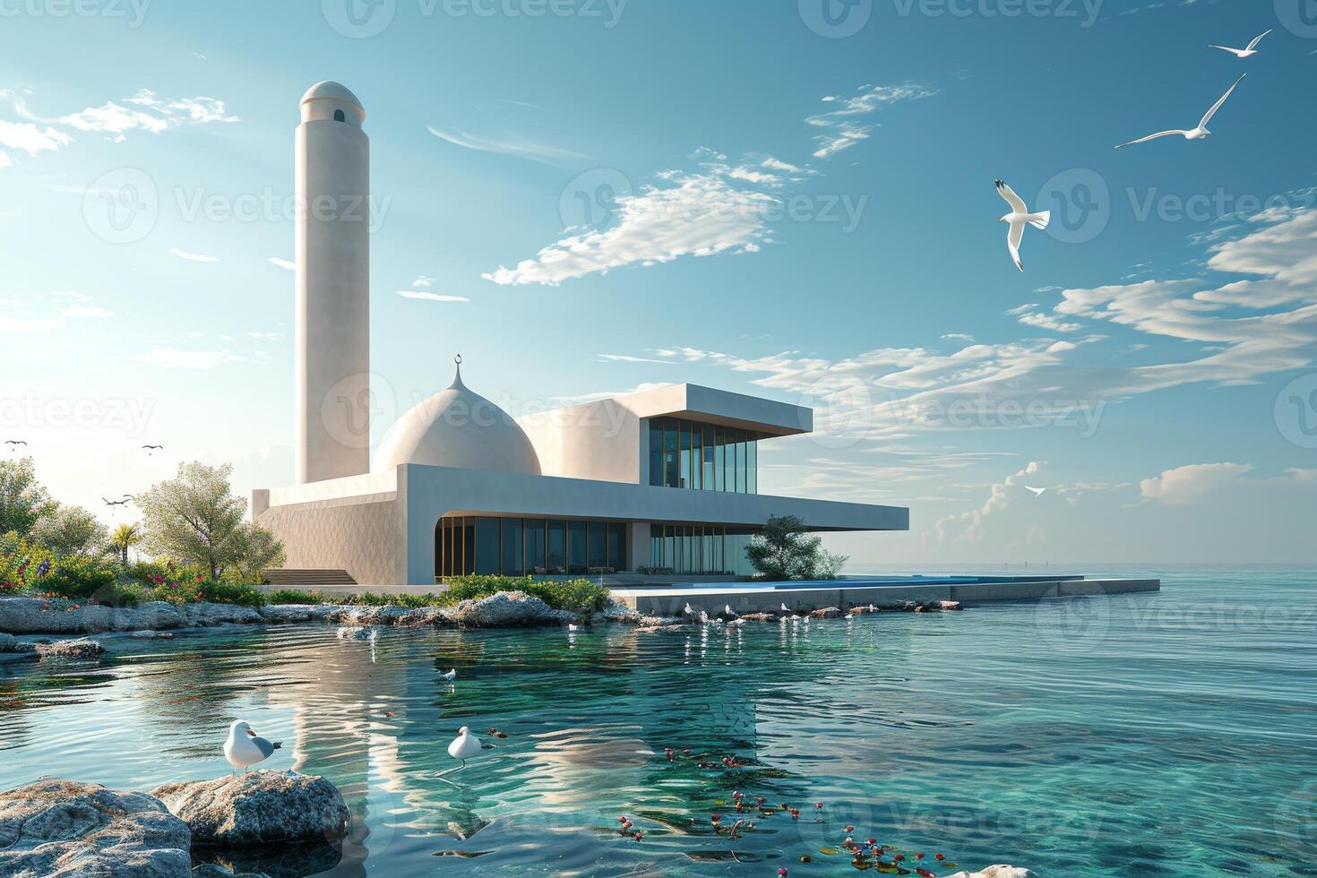 A modern mosque overlooking the tranquil waters of a coastal inlet photo