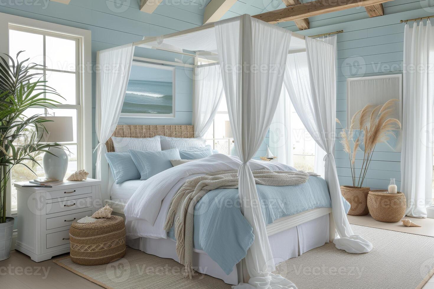 AI generated A coastal-inspired bedroom retreat, complete with serene hues photo