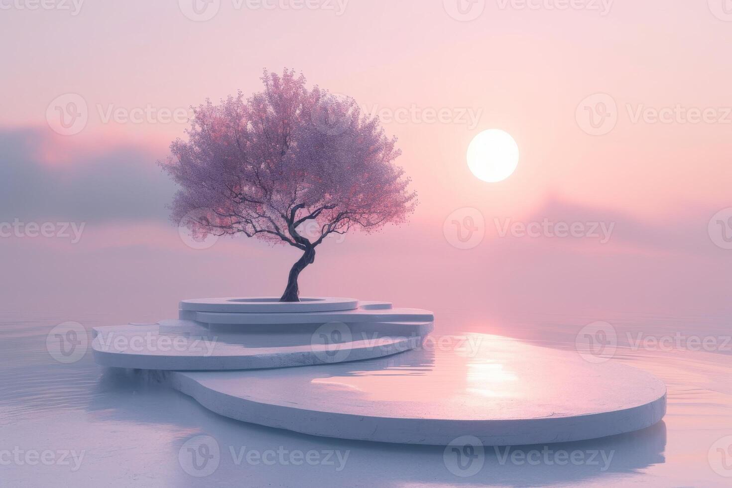 AI generated A serene podium with a minimalist tree standing tall amidst a sea of tranquility photo
