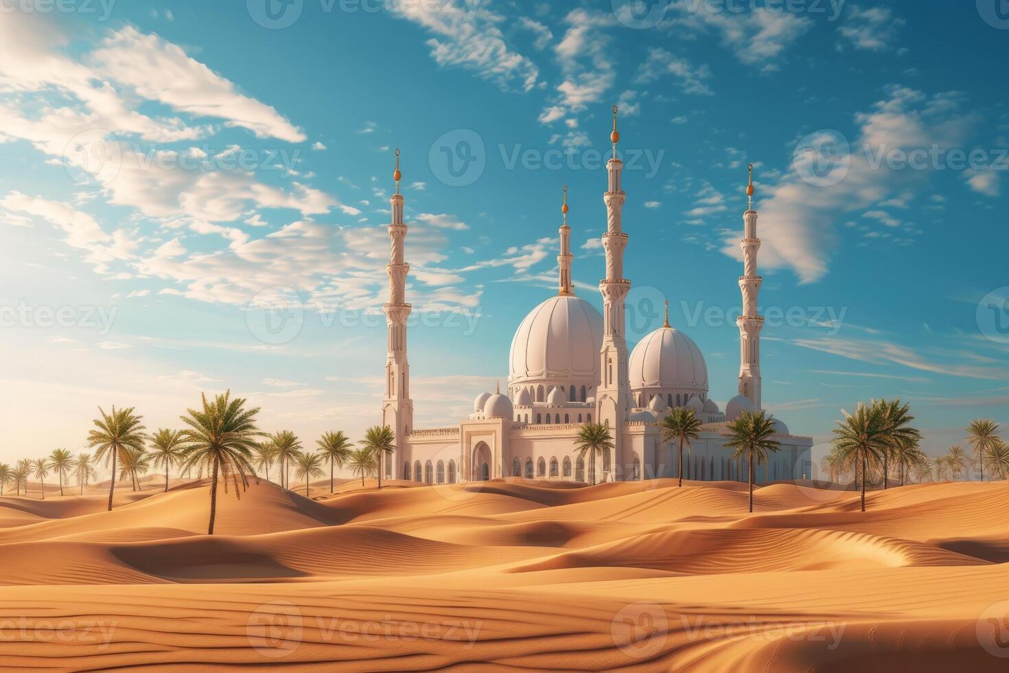 un Desierto paisaje con un grande blanco mezquita edificio en el antecedentes foto