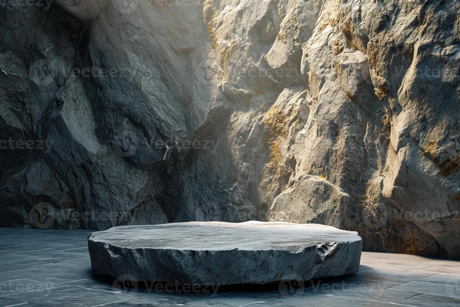 AI generated A minimalist podium adorned with rugged rock textures photo