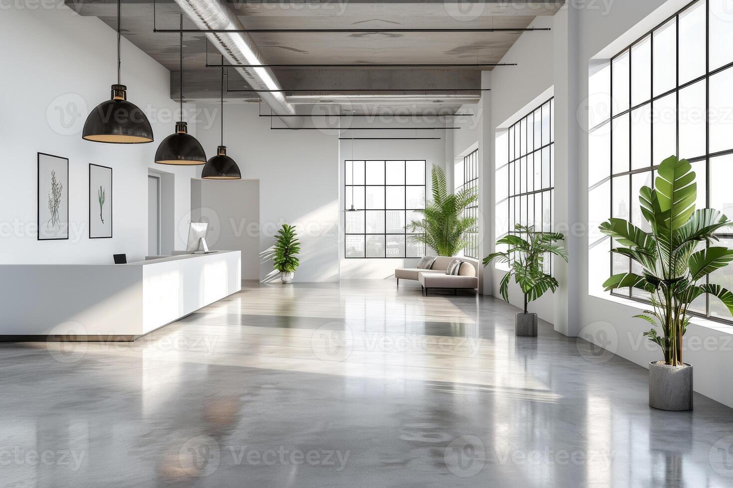 AI generated A minimalist modern office workspace with a polished concrete floor photo