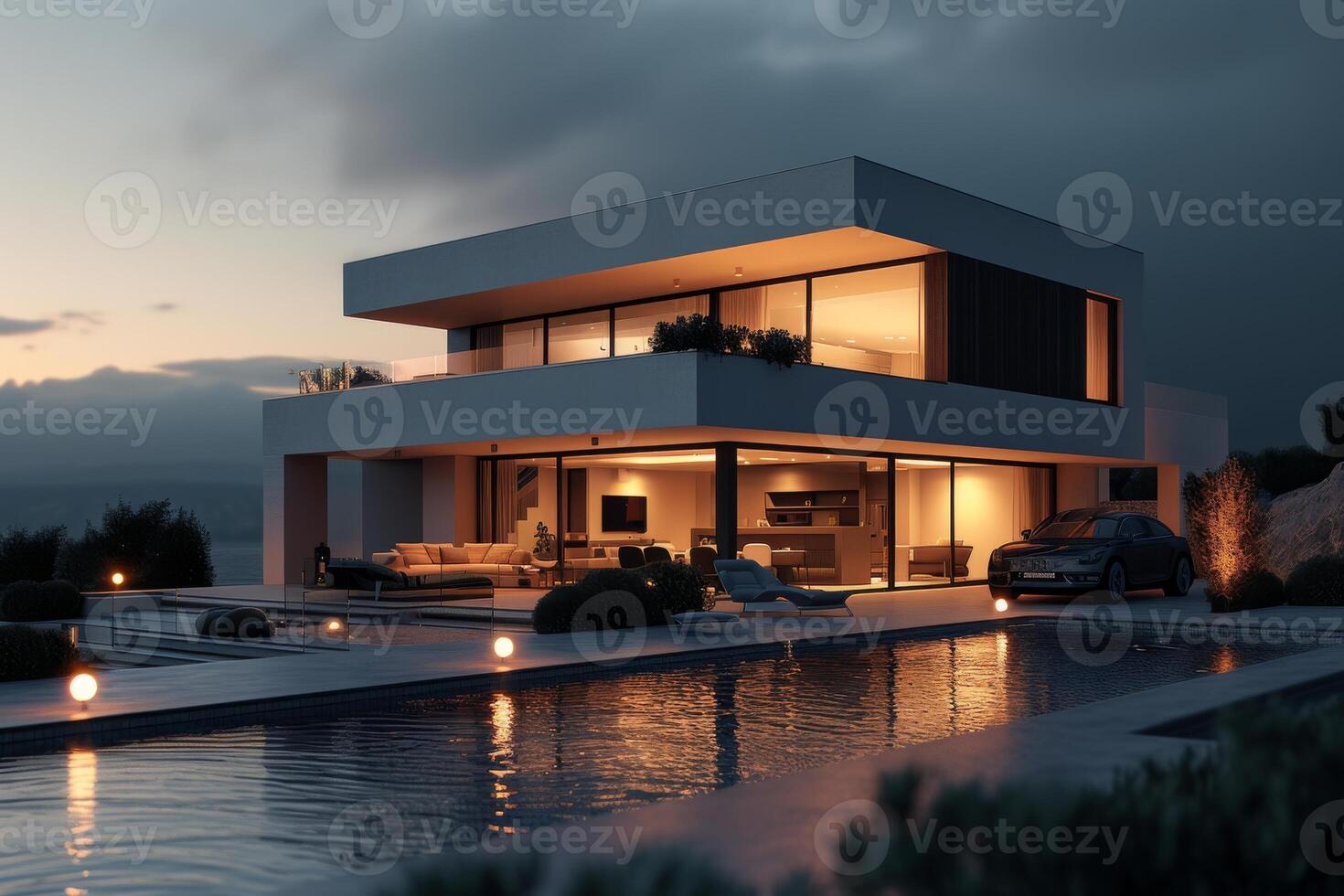 AI generated A modern house and its amenities against a serene soft black background photo