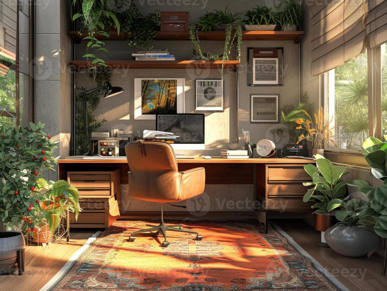 AI generated An office background in a home office setup, with a comfortable desk photo
