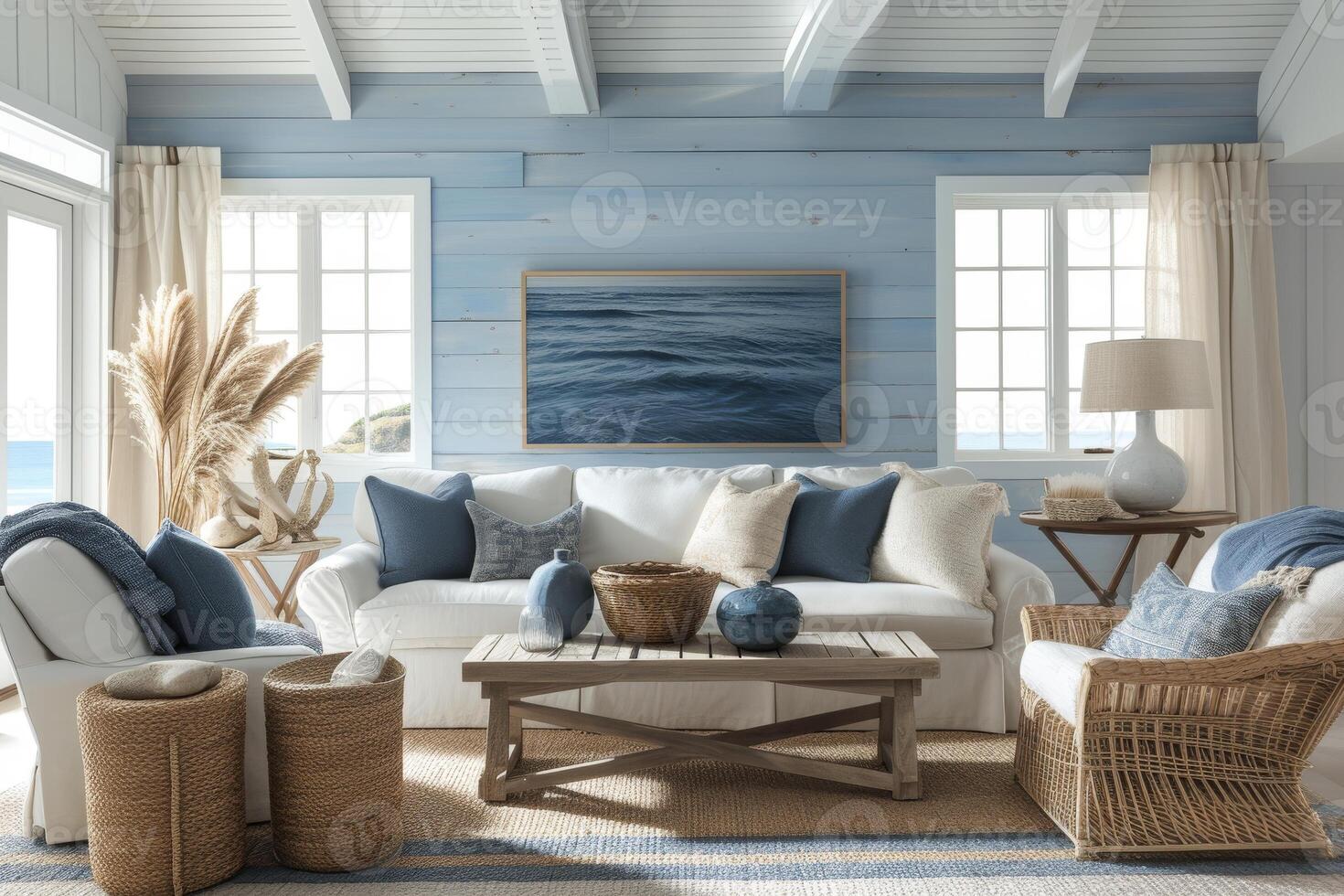 ai generado un estilo costero vivo habitación, presentando encalado paredes, inspirado en el océano decoración foto