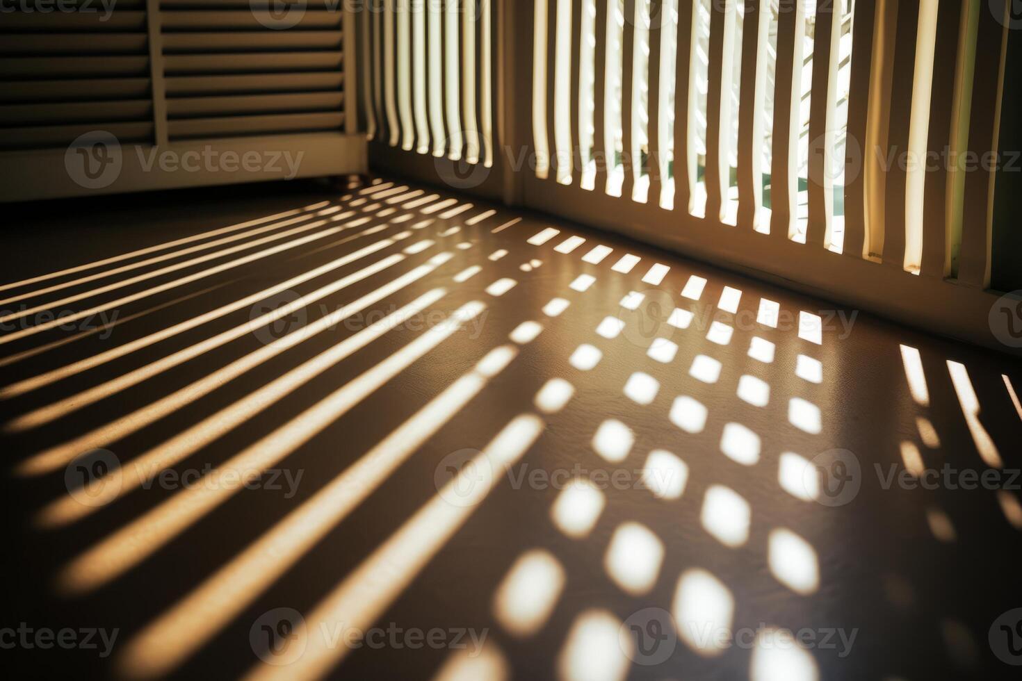 AI generated A close up of sunlight streaming through blinds, casting geometric patterns on the floor. Generative AI photo