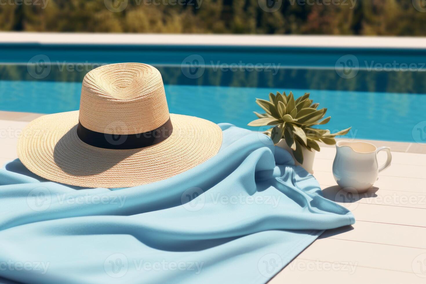 AI generated Relaxing poolside mockup with a sunhat, sunglasses, and a beach towel. Generative AI photo