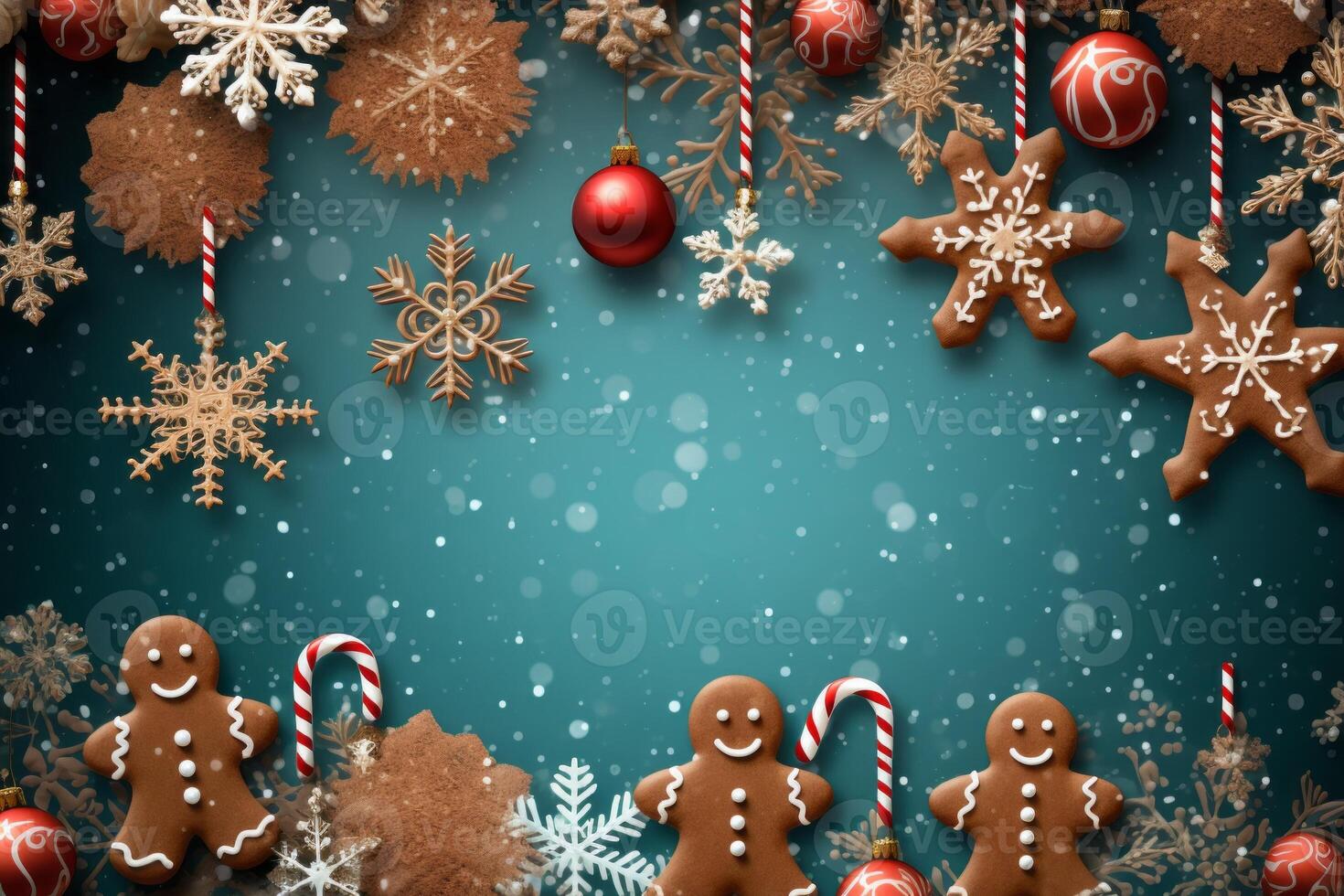 AI generated Festive christmas background with colorful gingerbread cookies and candy canes. Generative AI photo