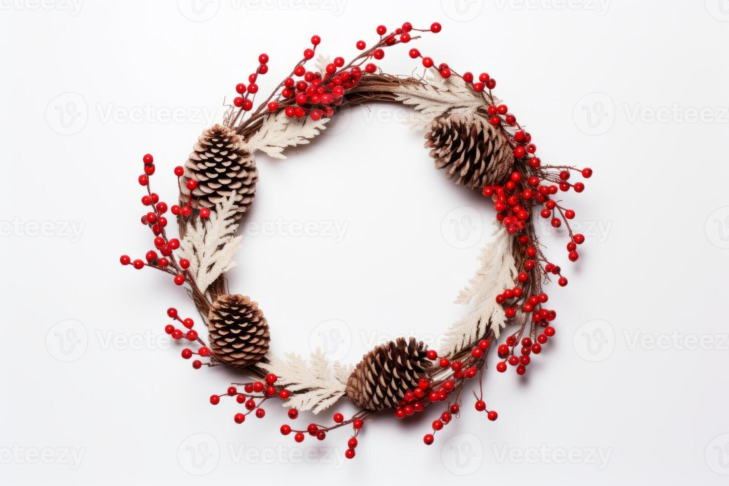 AI generated Christmas holiday wreath with red berries and pinecones creatively arranged on a white background. Generative AI photo
