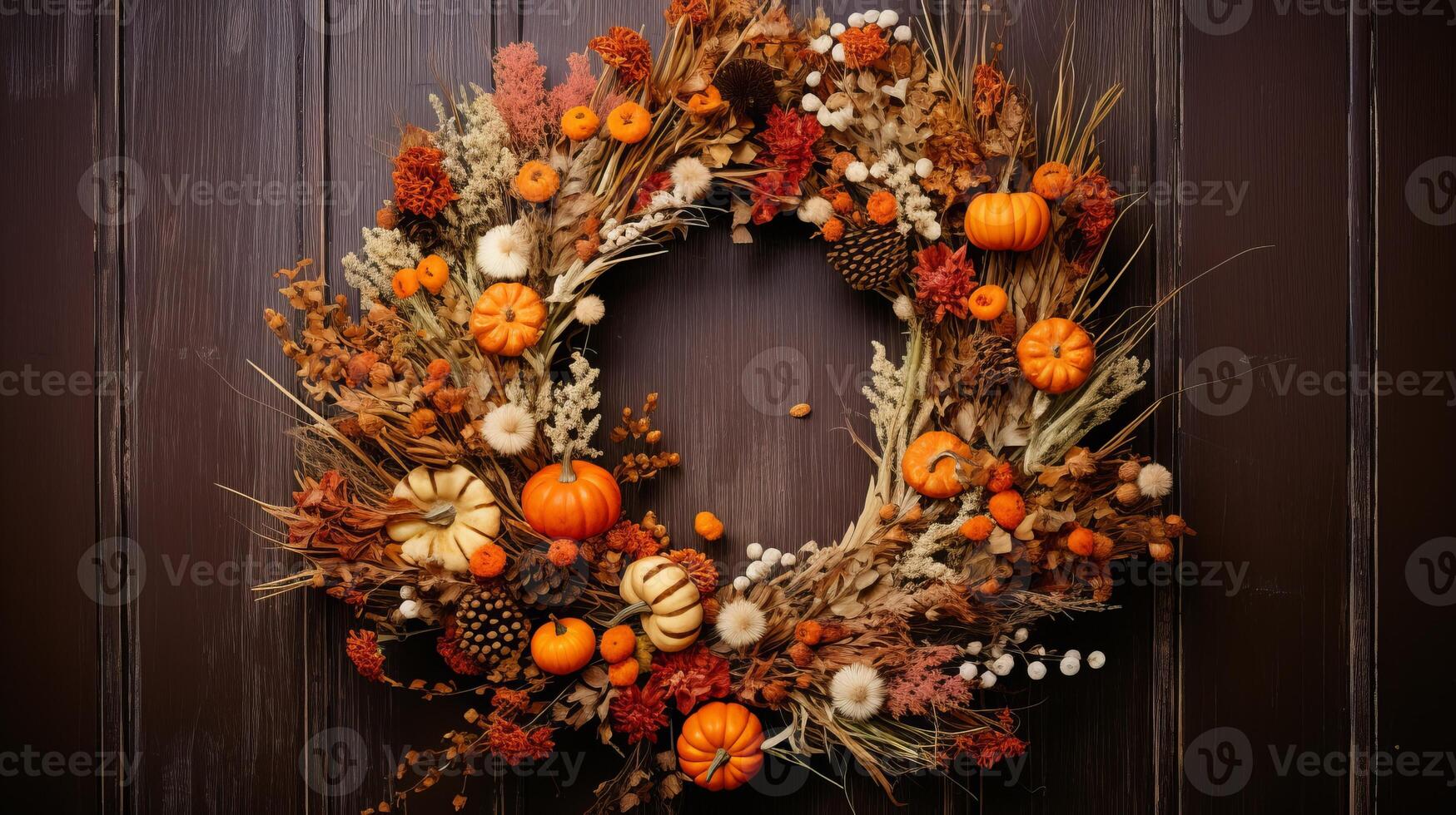 AI generated Autumn wreath made of dried flowers, berries, and miniature pumpkins. Generative AI photo