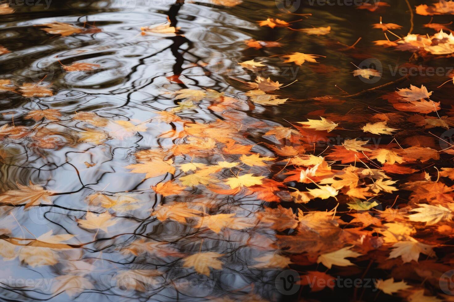 AI generated A tranquil reflection of autumn leaves on the surface of a calm pond. Generative AI photo