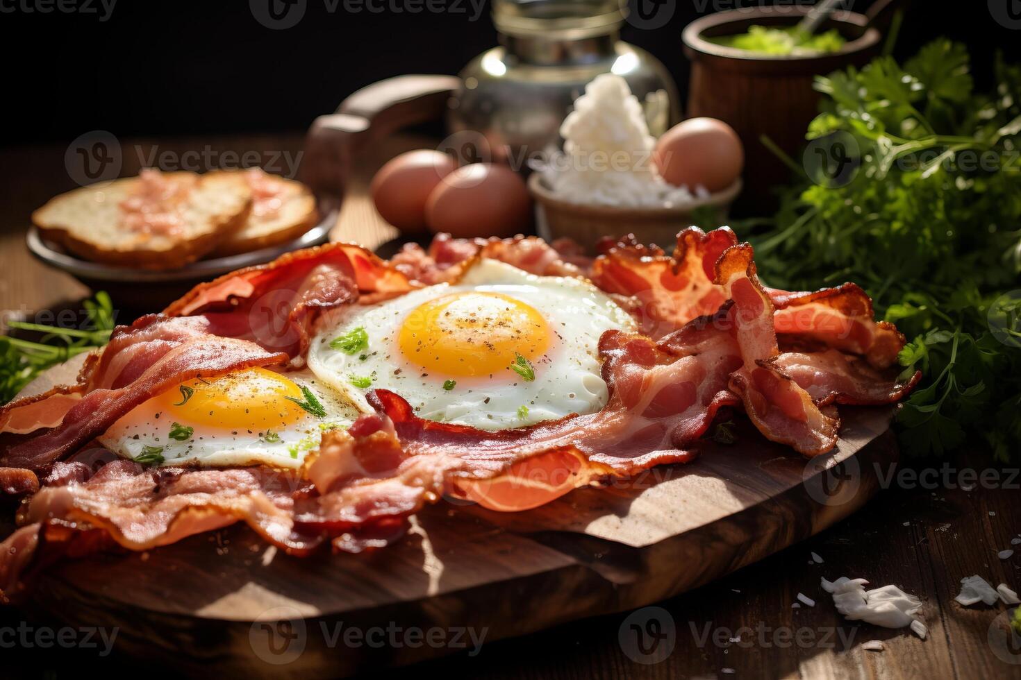 AI generated Delicious bacon and eggs breakfast on a rustic wooden table. Generative AI photo