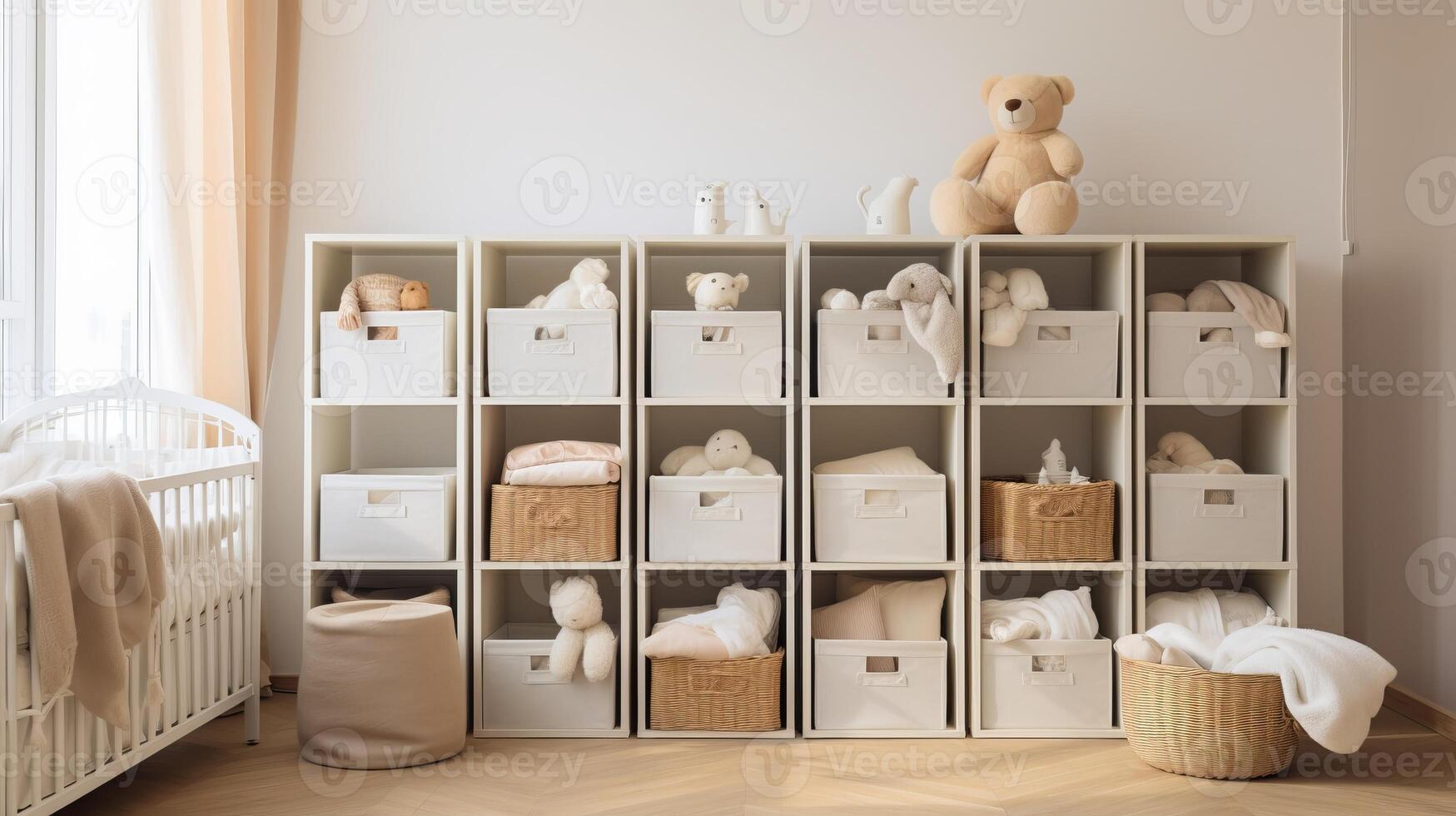 AI generated A perfectly organized nursery with labeled storage bins. Generative AI photo