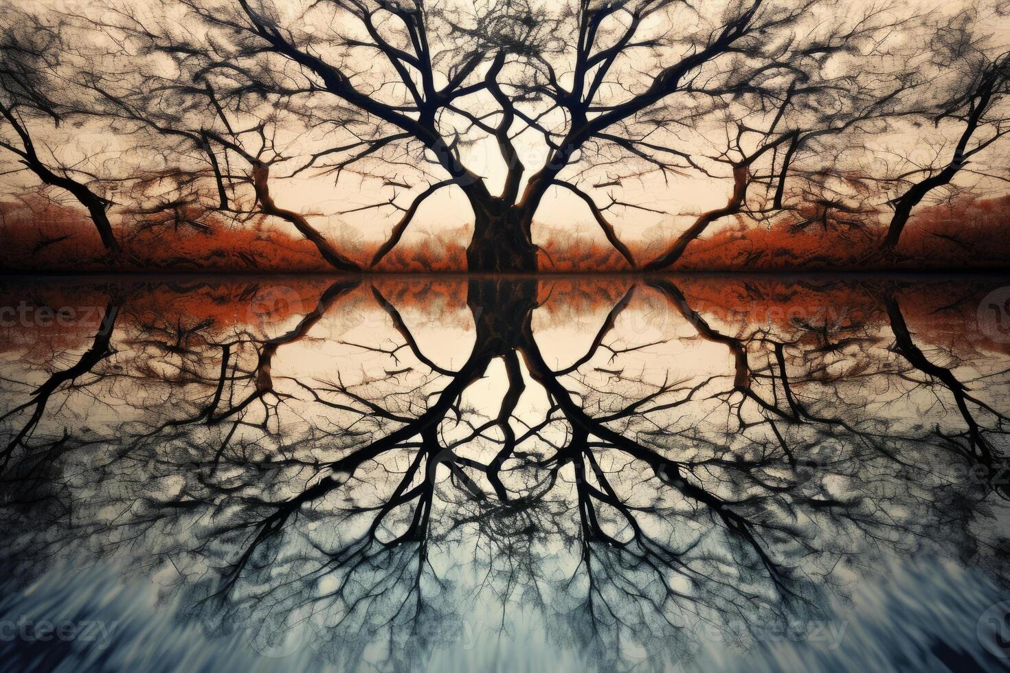 AI generated A mirrored reflection of a tree in a puddle creates an abstract pattern. Generative AI photo
