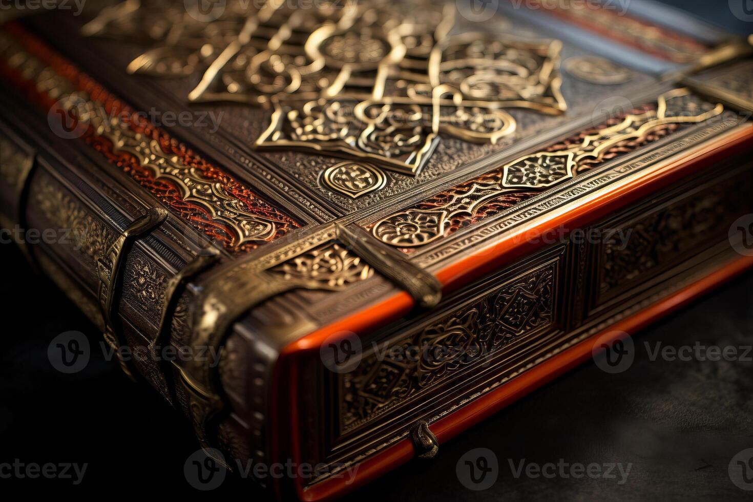 AI generated Close-up of an ornate leather-bound Bible. Generative AI photo