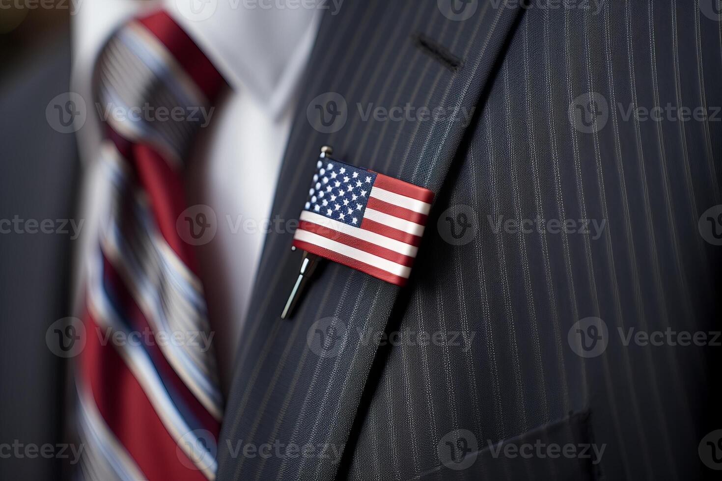 AI generated A close up of an American flag pin on a lapel during a Patriot Day gathering. Generative AI photo