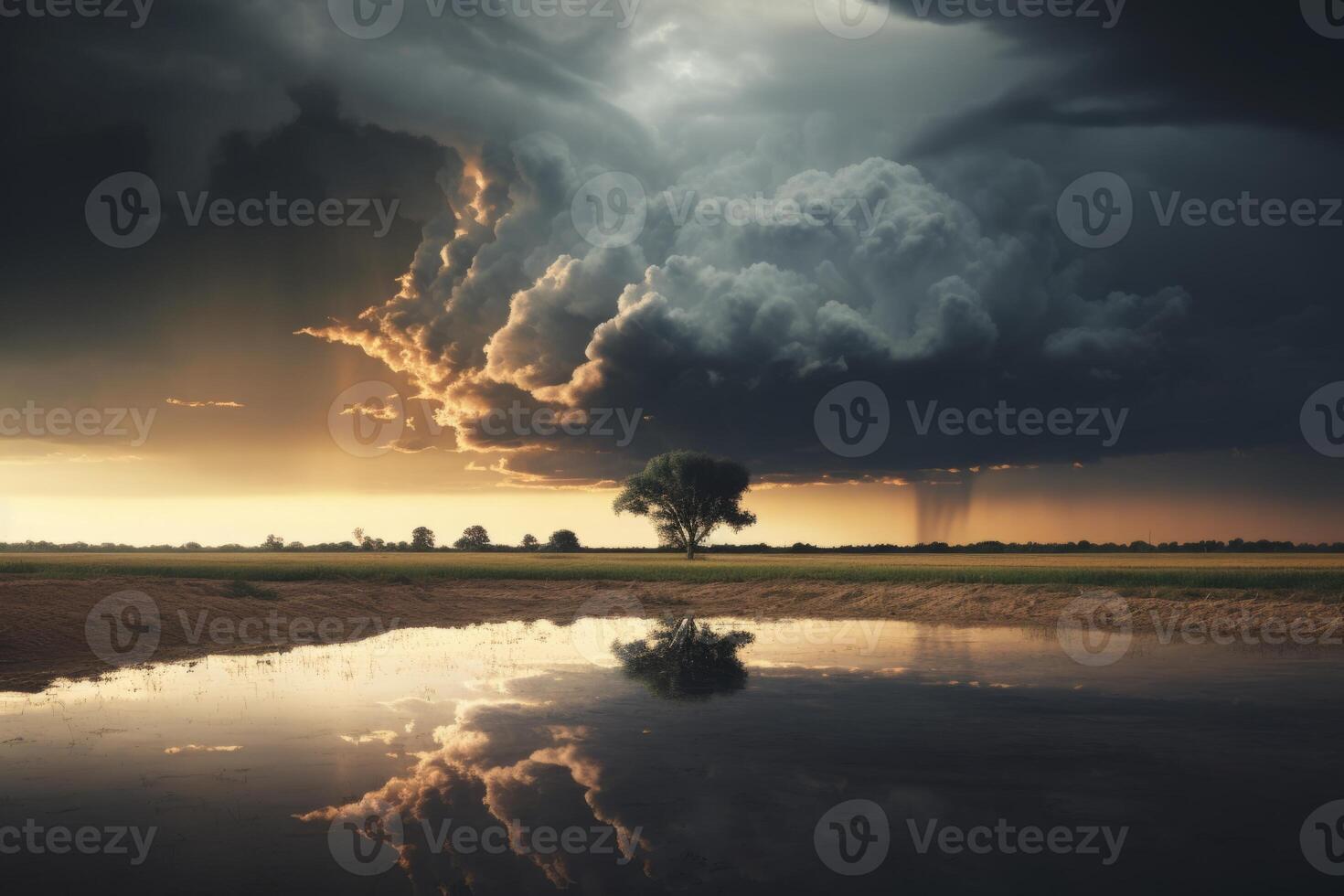 AI generated A dramatic reflection of a thundercloud casting a dark shadow over a field. Generative AI photo