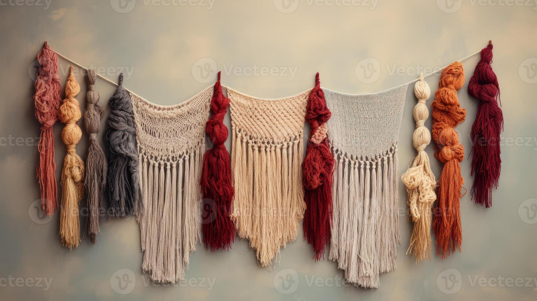 AI generated Yarn tassels hanging from a woven wall hanging. Generative AI photo