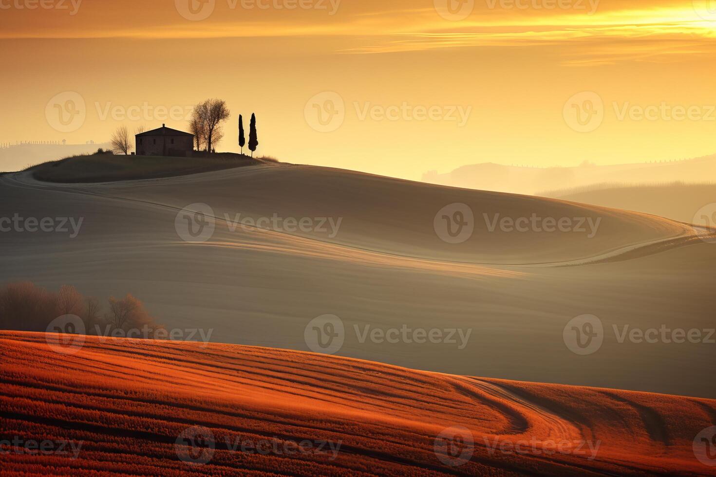 AI generated A rural landscape bathed in the golden hue. Generative AI photo