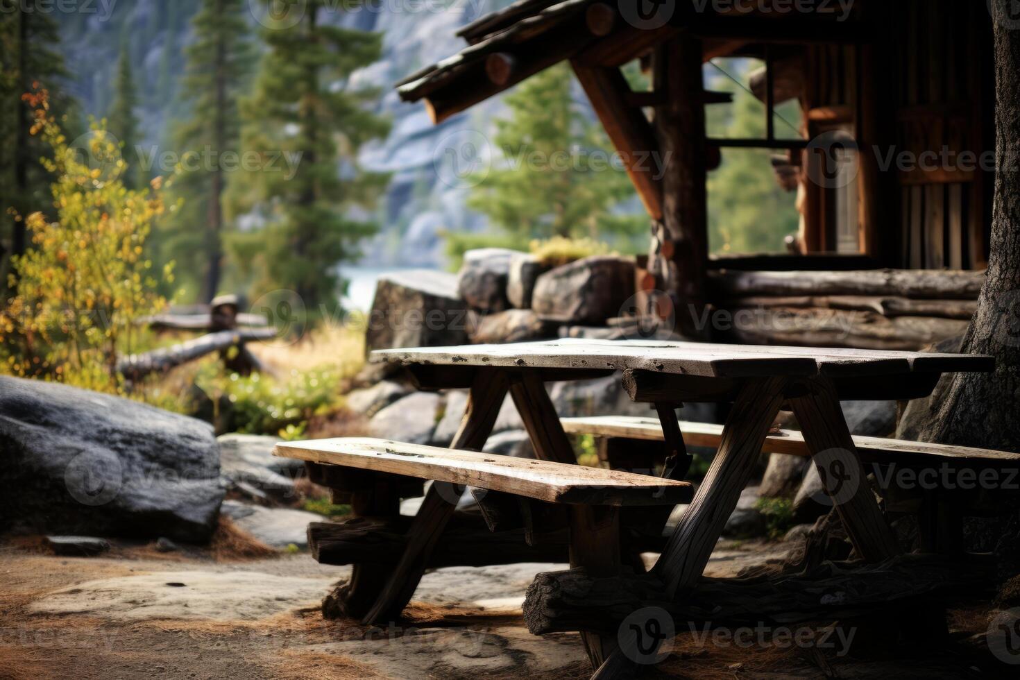 AI generated A rustic picnic table in a mountain cabin. Generative AI photo
