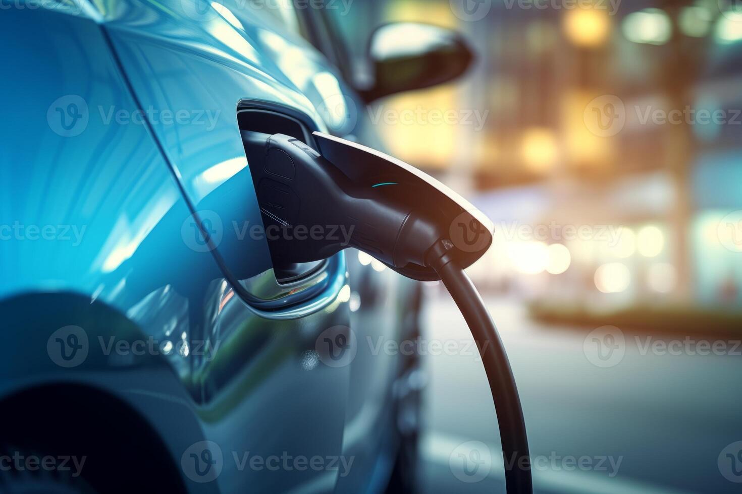 AI generated A close-up of an electric car's charging plug connecting to a vehicle. Generative AI photo