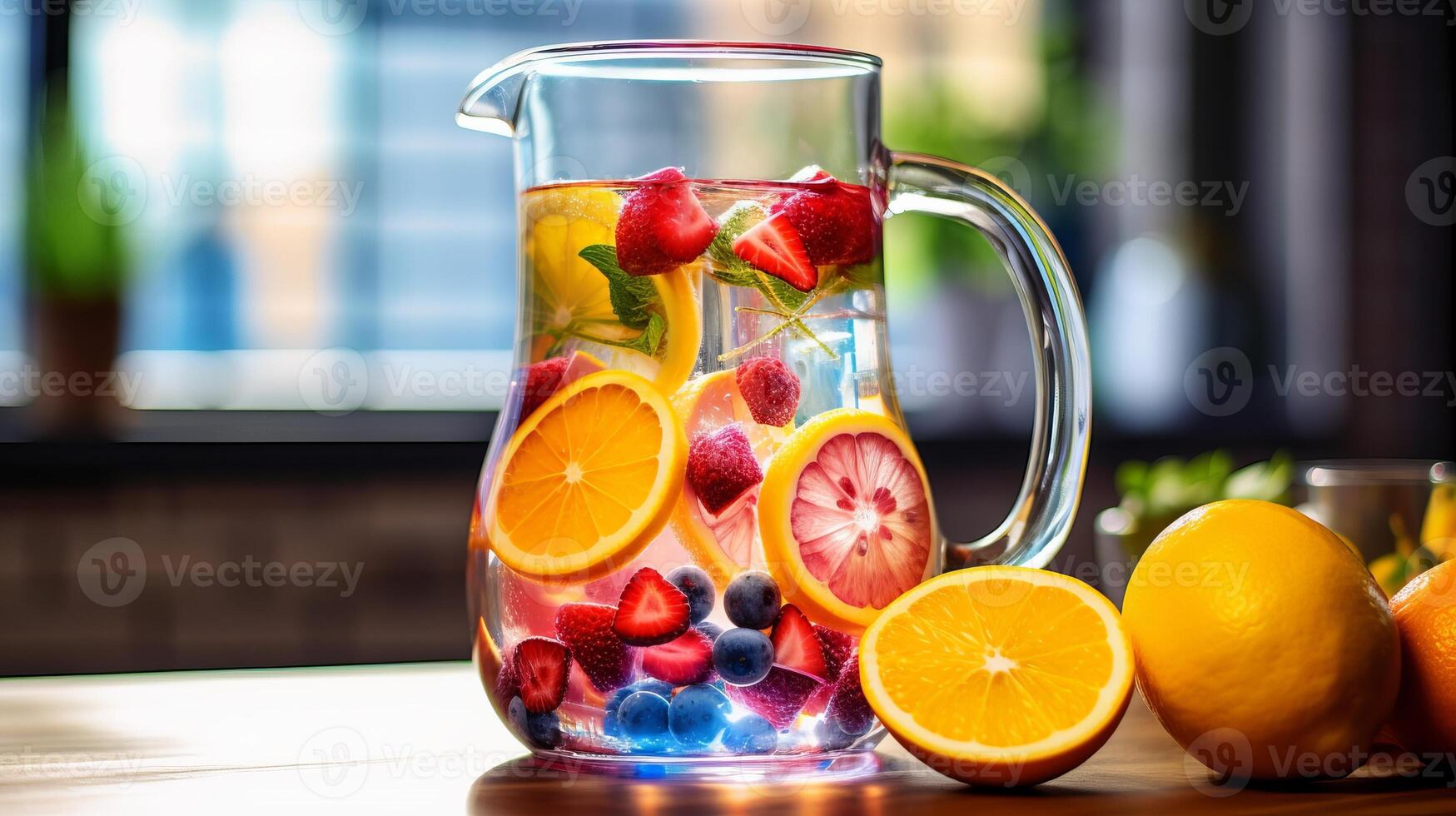 AI generated A close up shot of a refreshing and colorful fruit infused water pitcher. Generative AI photo